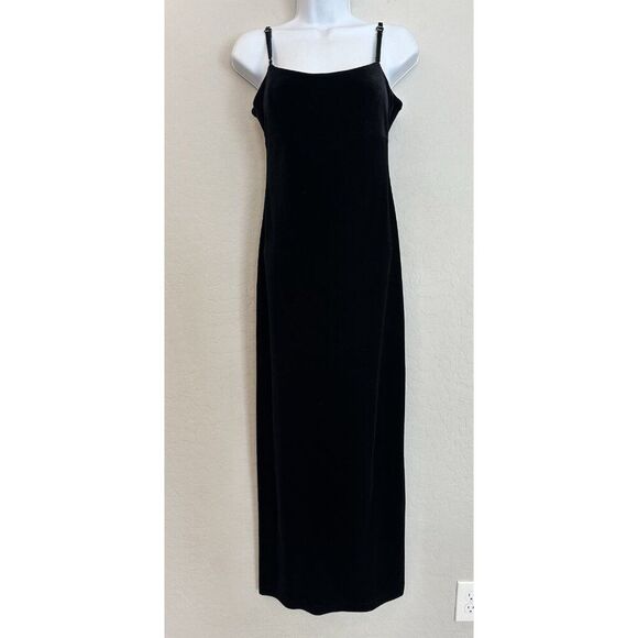 VTG Velvet Maxi Dress Slip 90s Y2K Prom Slit  Black S Goth Whimsygoth Witchcore - Picture 1 of 15